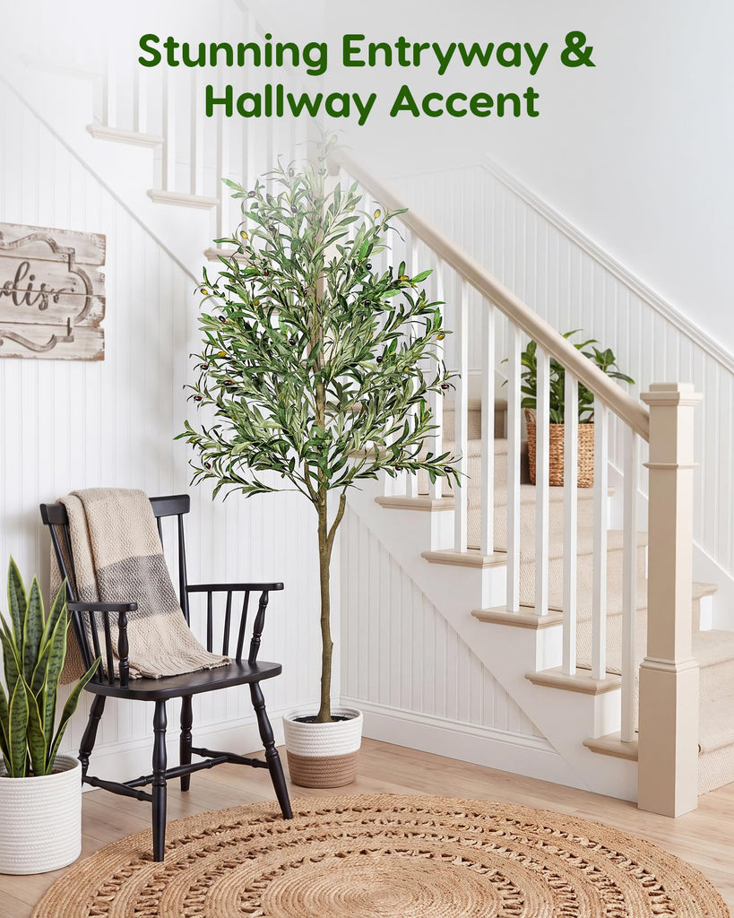 6FT Artificial Olive Tree Plants Indoor in Cotton Rope Basket with Natural Pebbles, Large Tall Faux Plant with