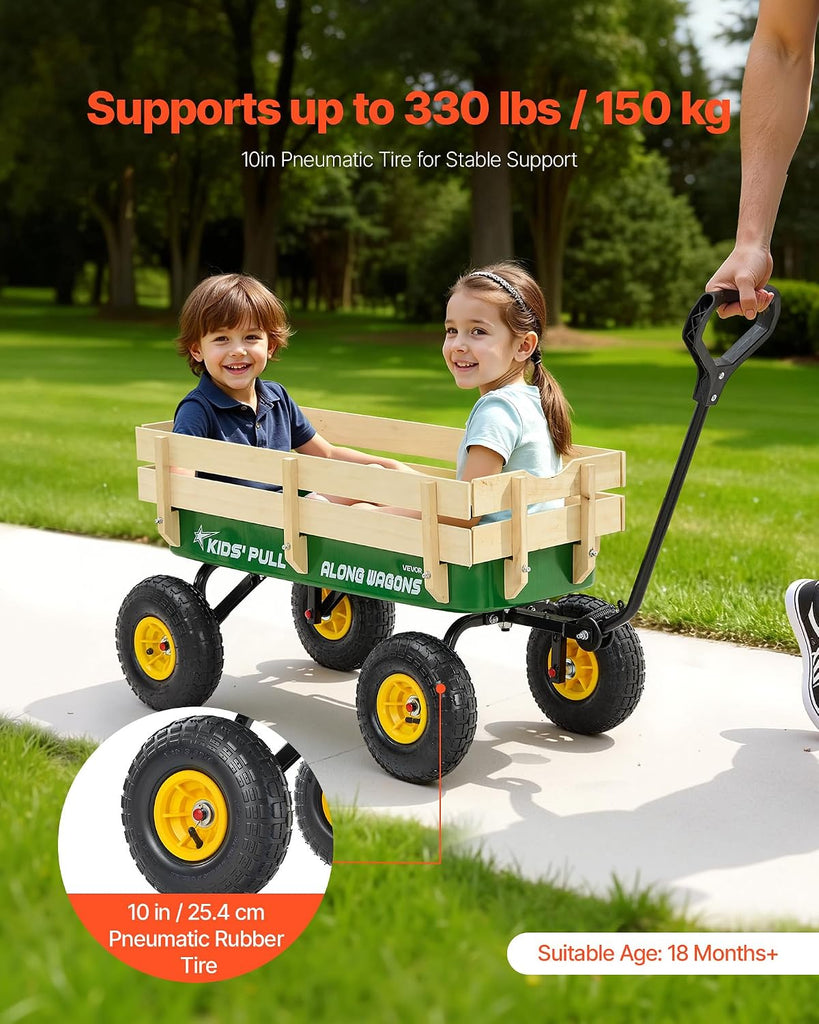 39 inch Pull Along Kids Wagon, Red Rolling Cargo Toy Wagons for Kids, Outdoor Utility Cart for Garden Beach Camping