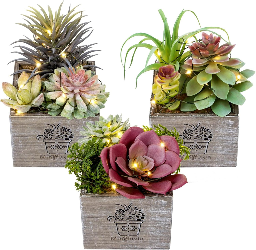 Small Fake Plants, Succulent Plants Artificial with Led Lights 3 Pack | Fake Succulents Decor Artificial Plants