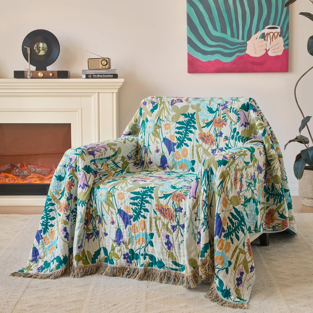 Boho Throw Blanket, 100% Soft Cotton Floral Quilt, Twin 60"x 80"