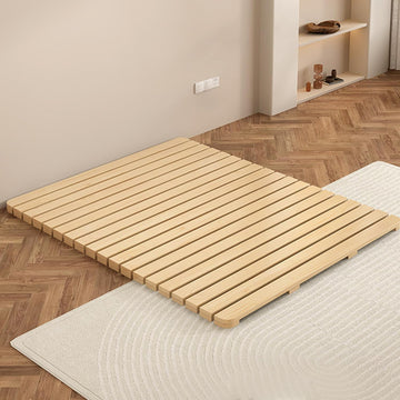 Solid Wood Slatted Bed Frame, Japanese Floor Platform, Natural Wood, 78.7 x 78.7 Inch, Foldable Roll-Up Design