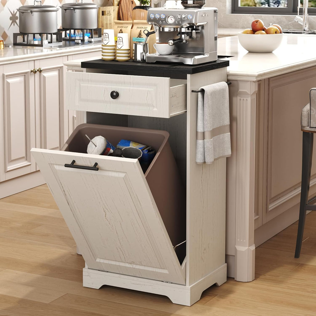 Trash Can Cabinet, 13 Gallon Tilt Out Trash Cabinet, Wooden Kitchen Garbage Can with Hideaway Drawer, Pet Proof Trash