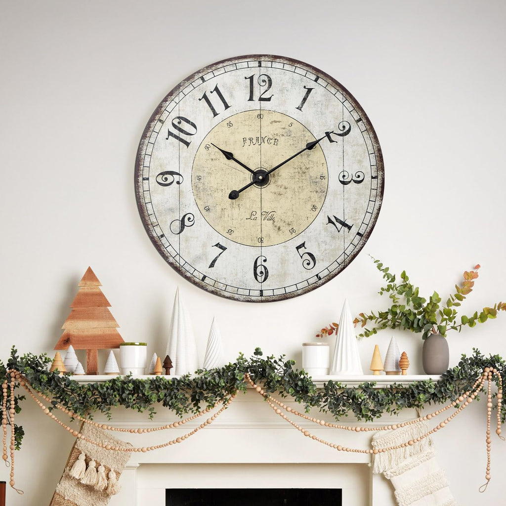 24 Inch Large Wall Clock, Rustic Round Farmhouse Wall Clocks Decor, Silent Non-Ticking Battery Operated Clock with