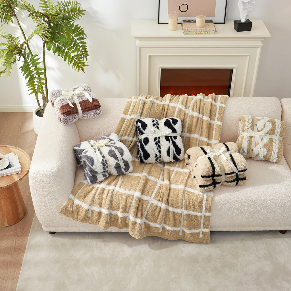 Faux Fur Throw Blanket, Plaid Beige, 50"x60"