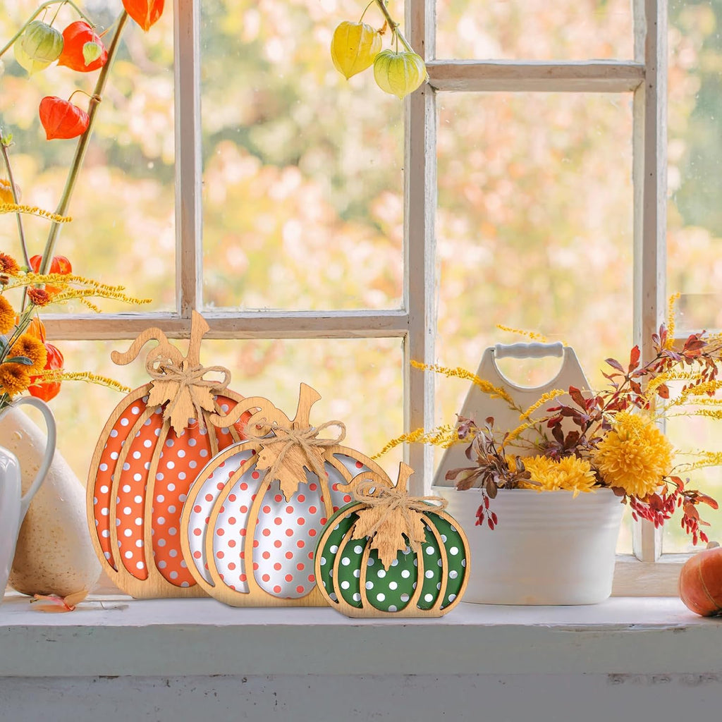 Fall Decorations, 3-Piece Wooden Pumpkin Fall Decor, Rustic Farmhouse Indoor Autumn Thanksgiving Decorations - Set of 3