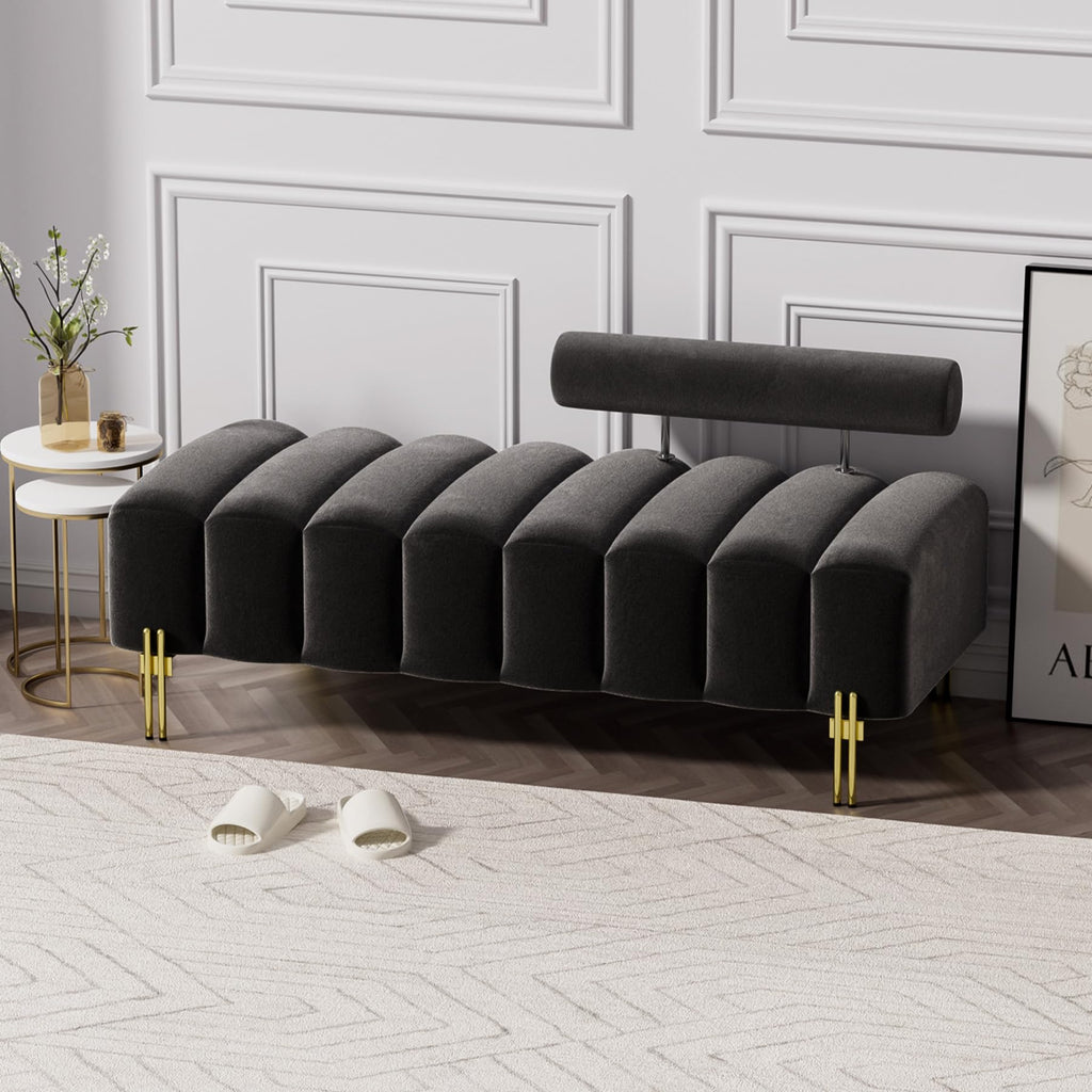 52" Velvet Bench Ottoman Bedroom Bench with Adjustable Back, Black