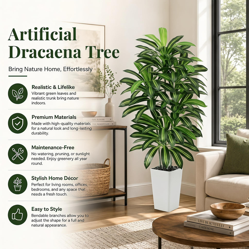 Artificial Dracaena Tree 6FT / White Planter, Tall Plants Indoor