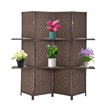 4 Panel Folding Room Divider with Shelves | 5.9ft, Dark Brown