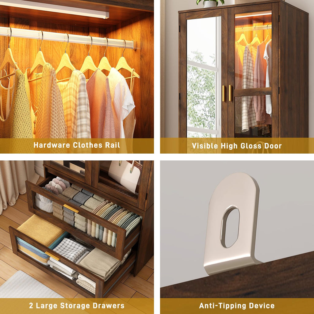 2Doors Armoire Wardrobe Closet with Sensor LED Light and Mirror
