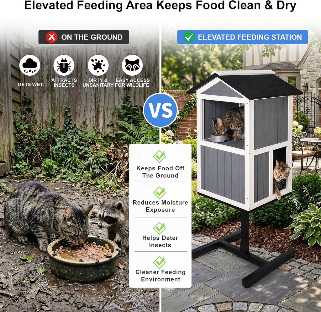 2 Story Outdoor Cat Feeding Station & Shelter, Weatherproof Elevated Feral Cat House with Steel Stand, Feeding