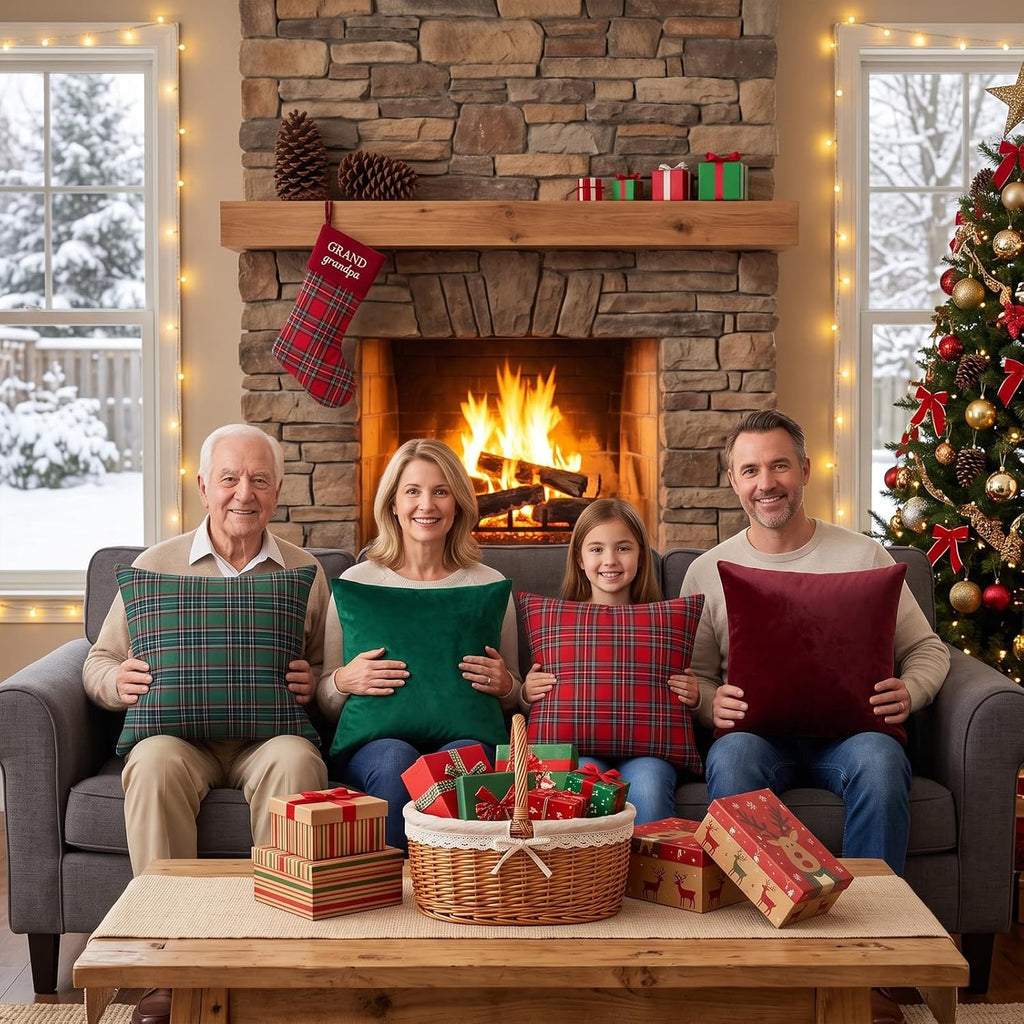 Christmas Pillow Covers Scottish Tartan Velvet Fabric Decorative Cushion Covers Christmas Decor for Xmas Favors - Set of 4