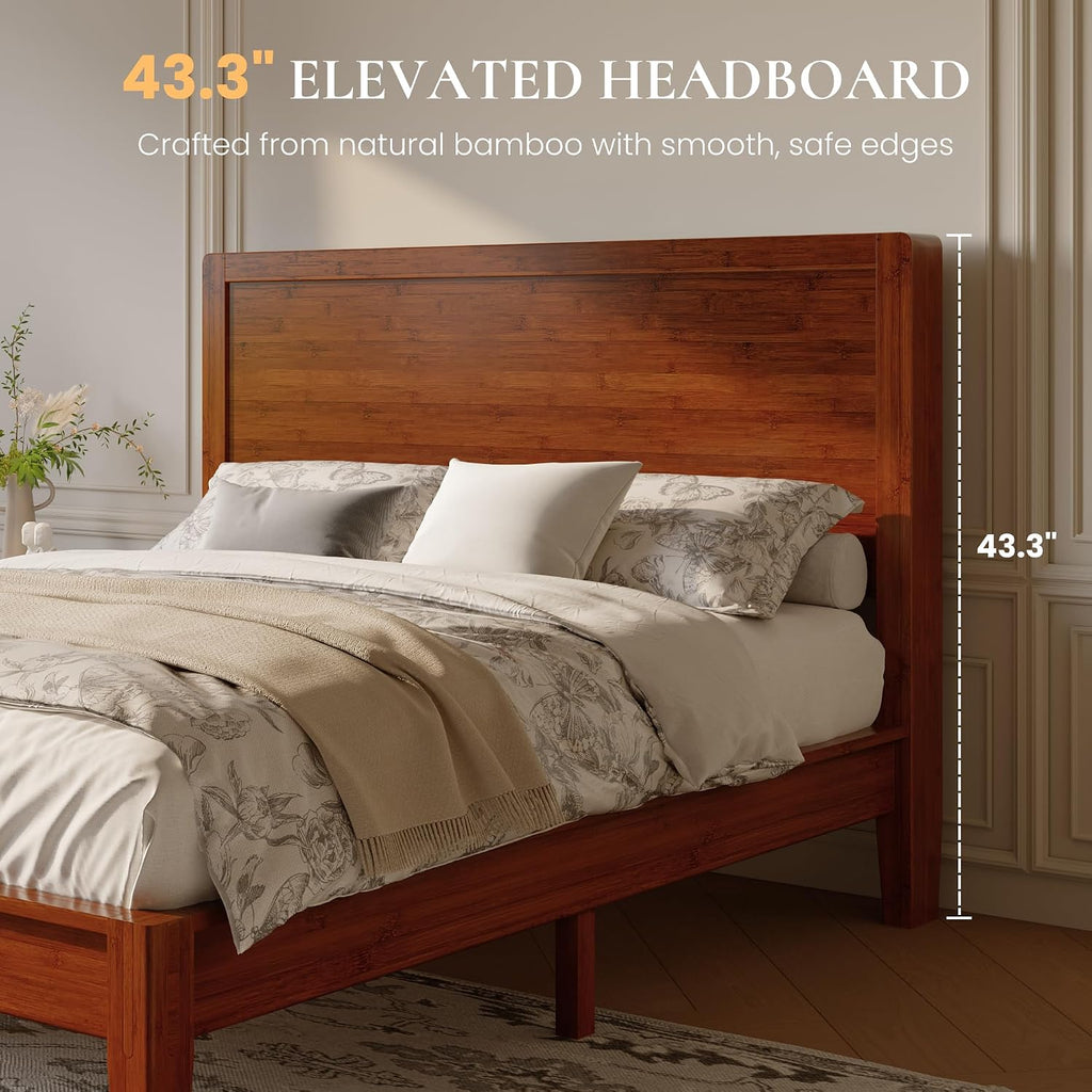 Queen Size Bamboo Bed Frame, Japanese Joinery, Warm Brown
