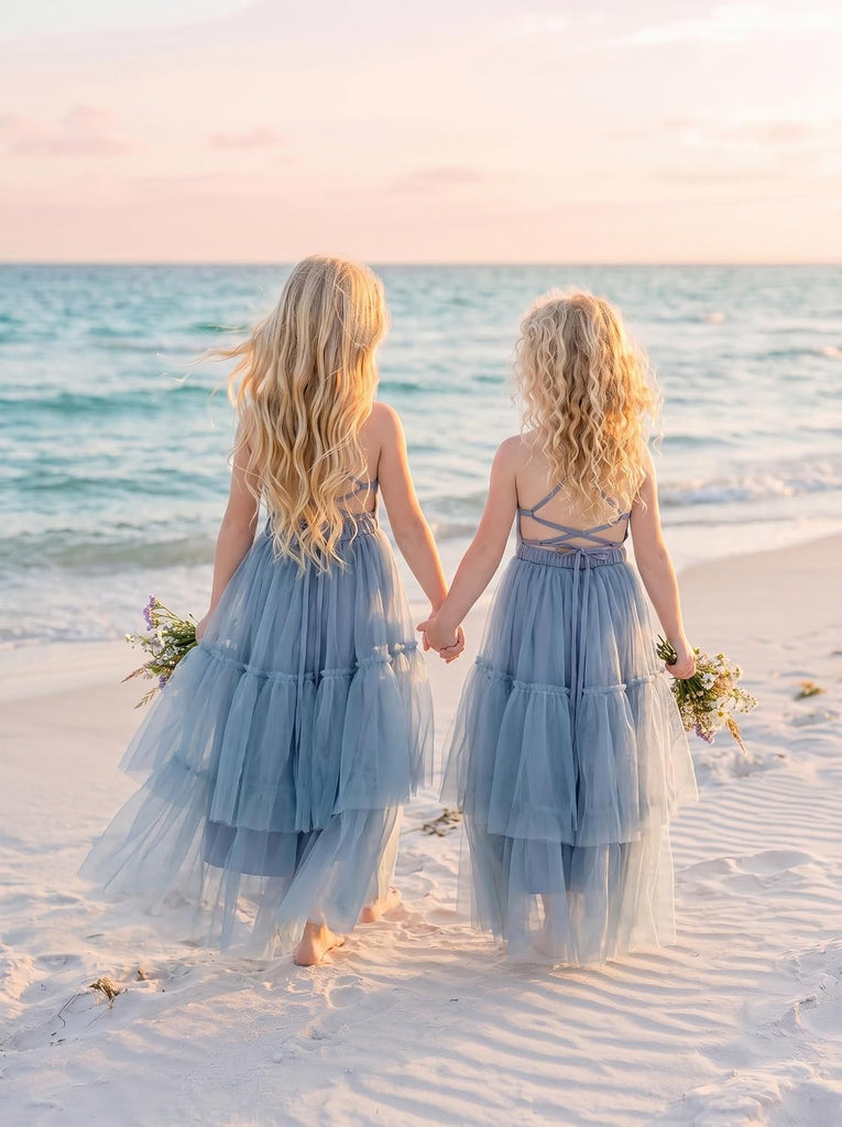 Boho Flower Girl Dress Tulle Spaghetti Strap Backless Layered Ruffle Maxi Dress Beach Wedding Garden Photoshoot