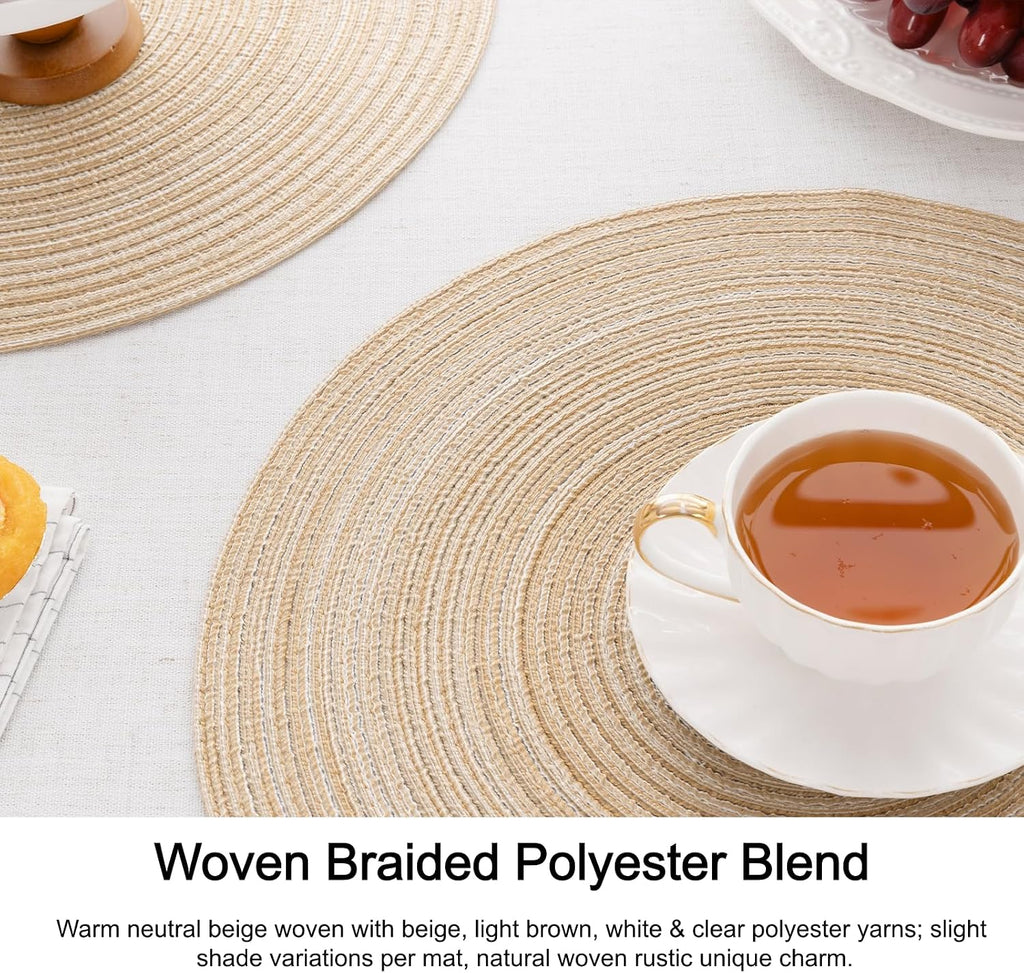 Round Braided Placemats Washable Place Mats for Dining Tables 15 inch Non Slip Kitchen Table Mats (Beige, 4) - Set of 4
