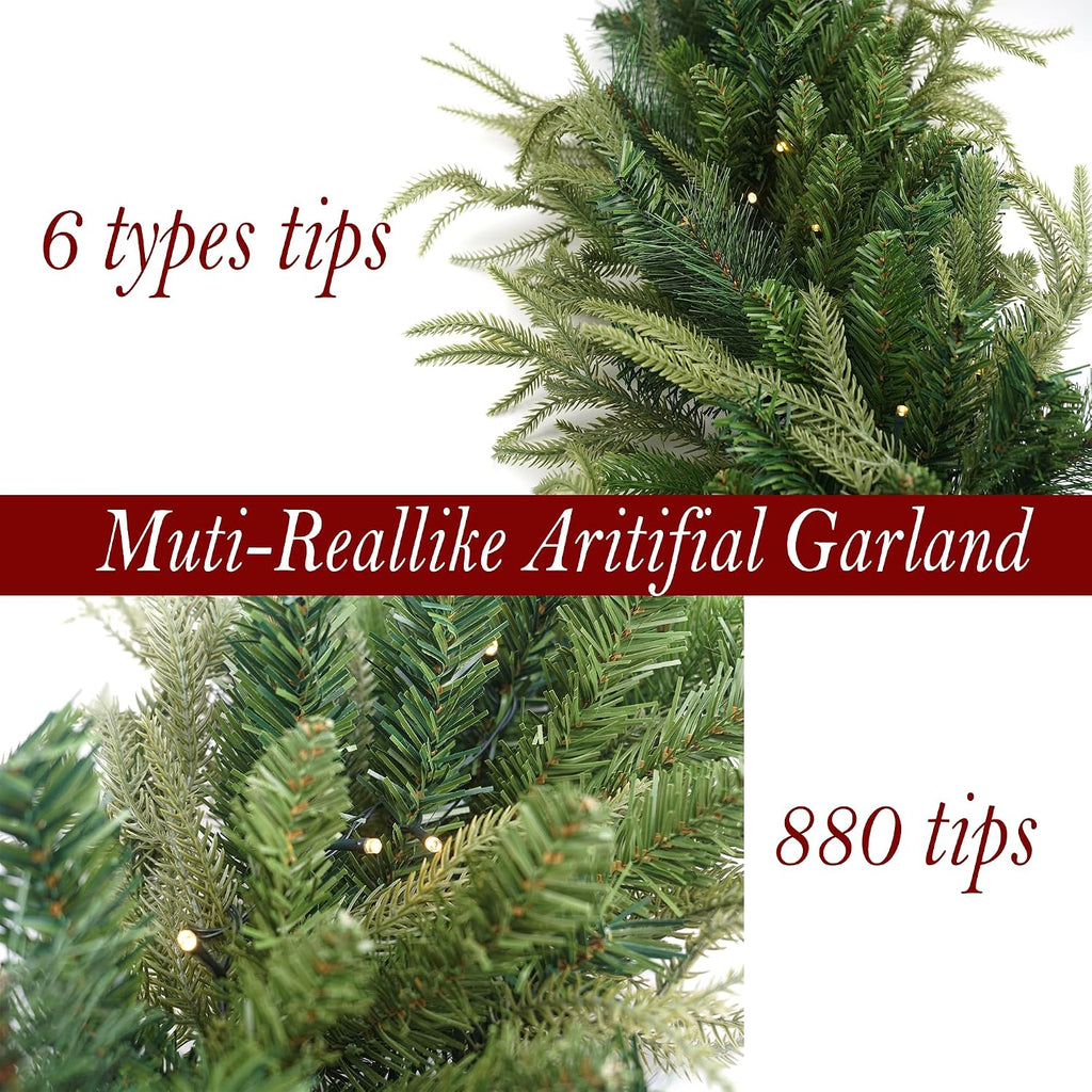 Prelit Christmas Garland 9ft with 50 LED Lights, Battery Opreated Christmas Decor Timer for Mantle Staircase Indoor
