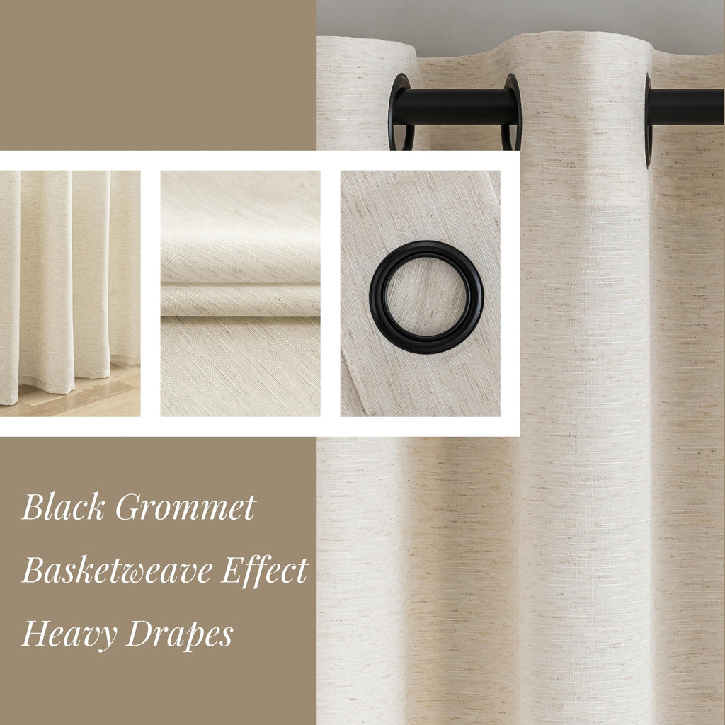 Natural Linen Curtains 84 Inch Length 2 Panels, Semi Sheer Linen Drapes Black Grommets Basketweave Slub Texture