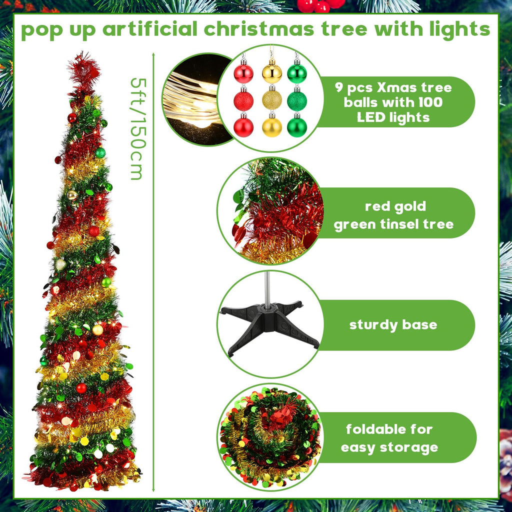 5ft Pop up with Lights and Balls Collapsible Slim Tinsel Xmas Tree Prelit Apartment Winter Party Decoration