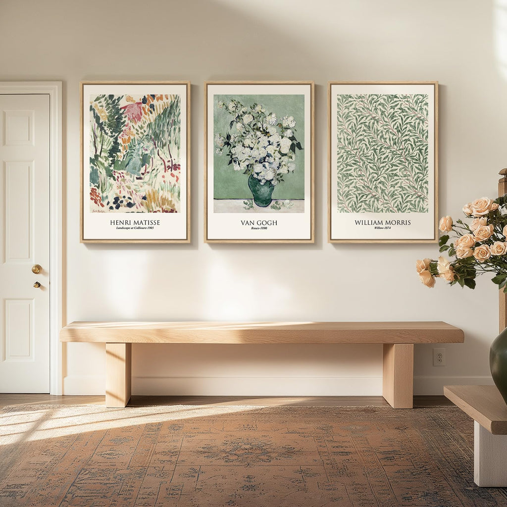 Large Framed Van Gogh Sage Green Canvas Wall Art, 3 Piece
