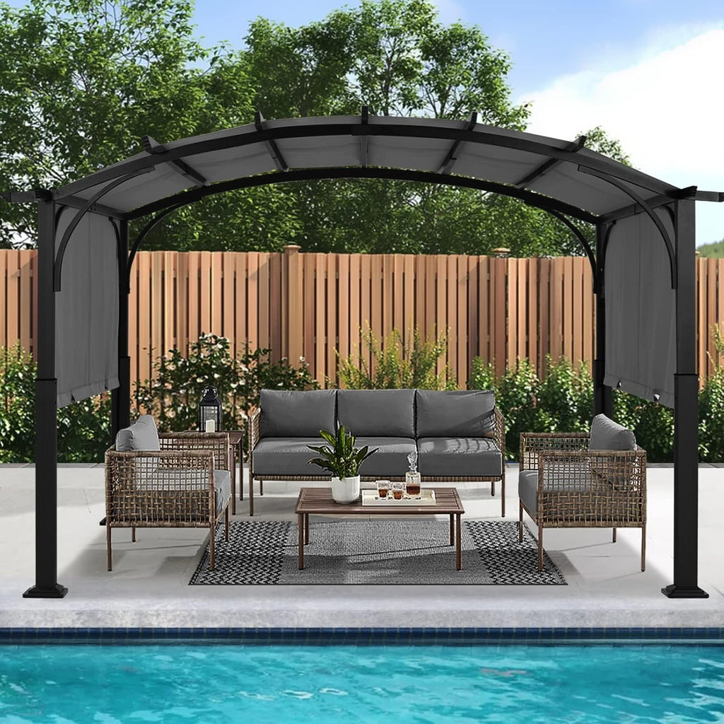 Outdoor Pergola 10'x12', Arched Patio Gazebo with Retractable Sun Shade, Dary Gray