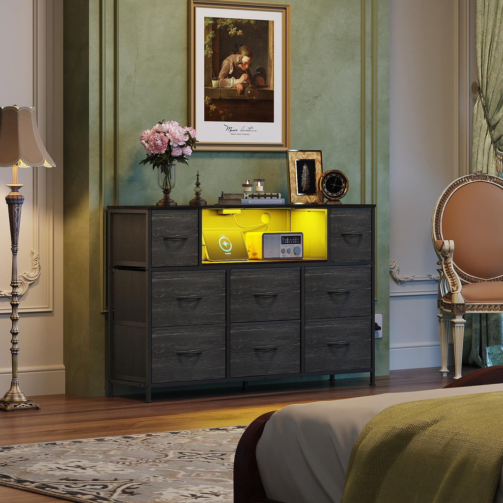 LED Dresser TV Stand for 55 Inch TV, 8 Fabric Drawers, Charcoal Black