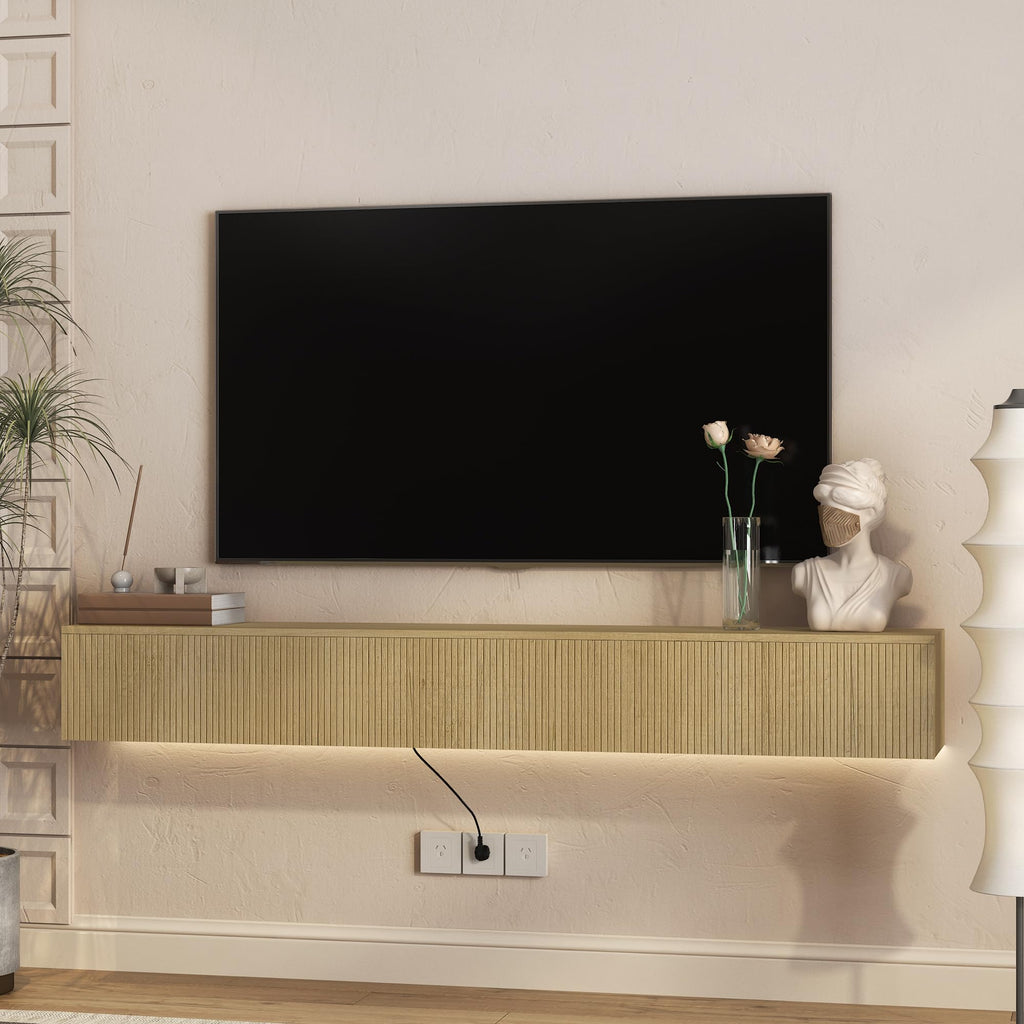Natural Floating TV Stand, Fluted TV Console Wall Mounted, Floating Entertainment Center, Fluted TVs Cabinet Wood, Oak