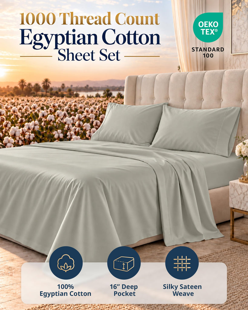 California King Size Sheets Set 100% Egyptian Cotton - Silver