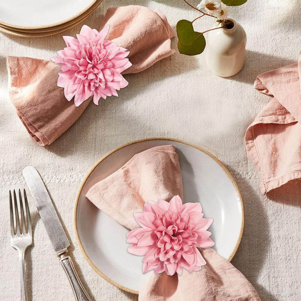 Farmhouse Flower Napkin Rings, Faux Pink Dahlia Napkin Ring, Natural Serviette Buckles Holder for Gift,Table - Set of 8