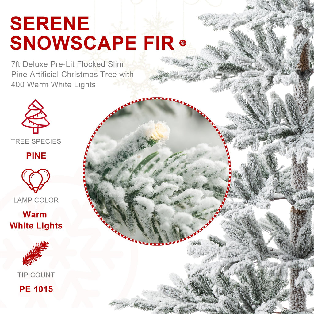 7ft Deluxe Pre-Lit Flocked Artificial Christmas Tree Serene Snowscape Fir, Party Decoration with 400 Warm White