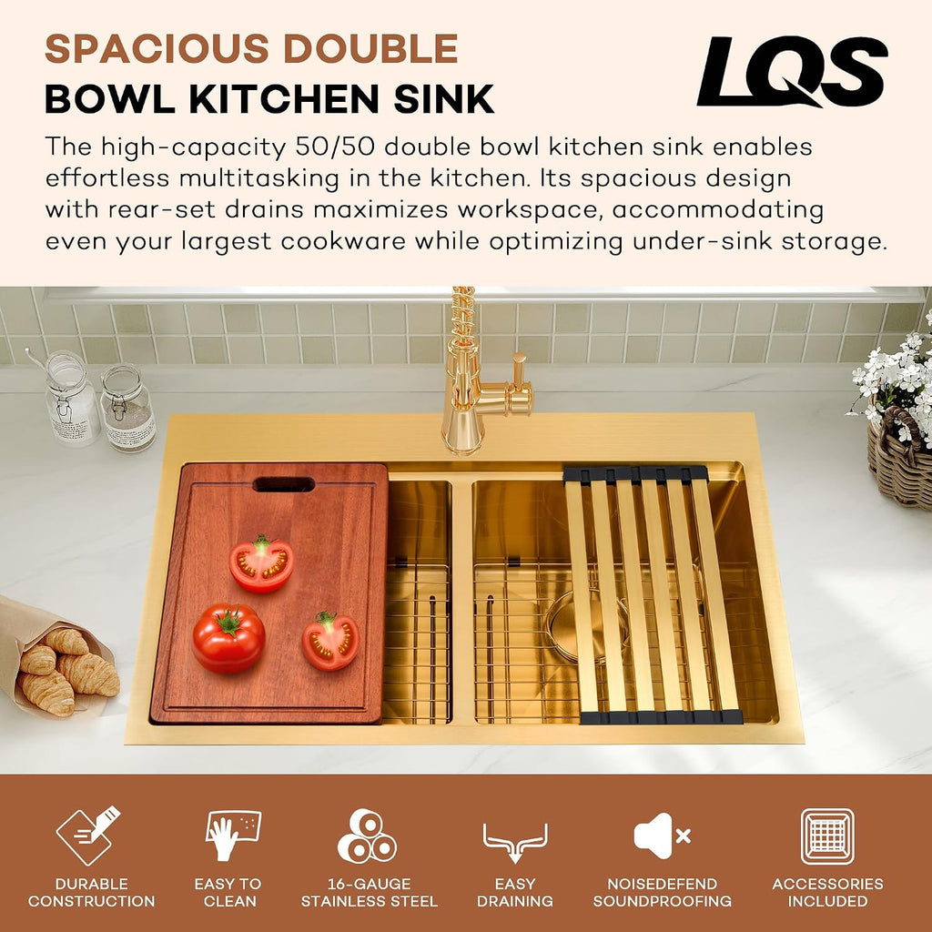 33x22 Drop Sink Double Bowl, Gold Kitchen Sink 33x22 with Smart Workstation & Built-In Accessories, Top Mount 16