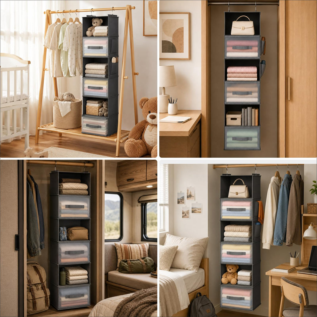 6-Shelf Hanging Closet Organizer with 3 Drawers & Side Pockets, Gray
