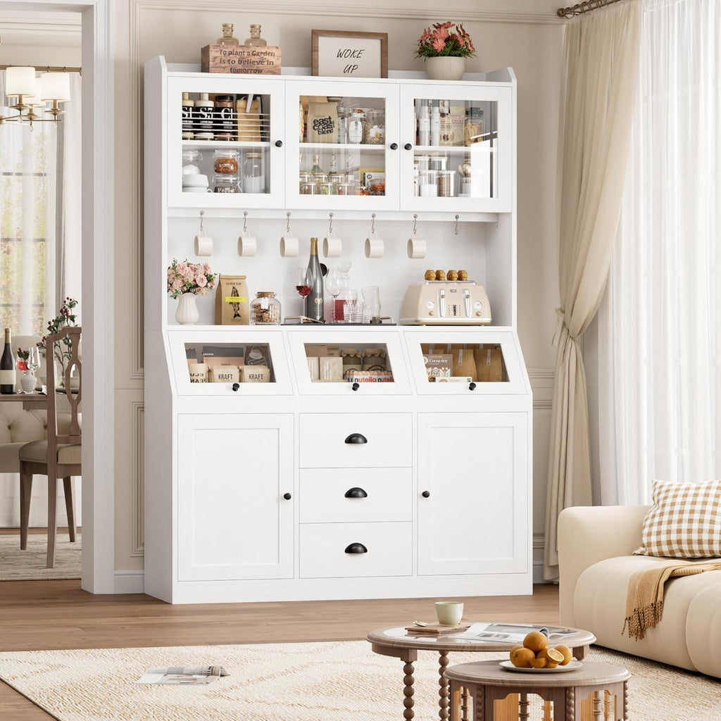 71.4" H Kitchen Hutch Pantry Cabinet with 3 Bread Boxes&7 Metal Hooks | Farmhouse Kitchen Hutch Cabinet with Storage