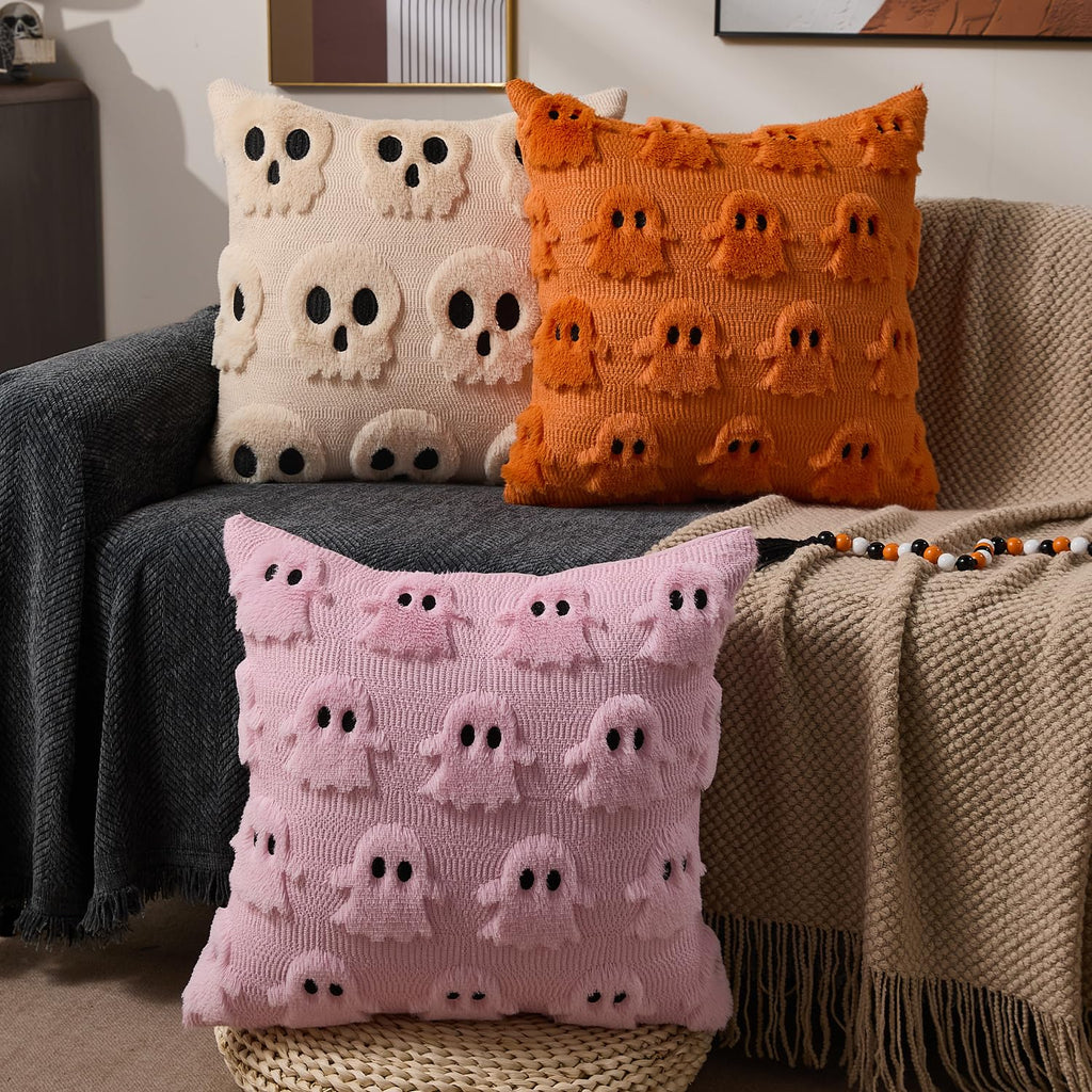 Halloween Pillow Covers 20x20 inch Set of 2 Orange Ghost Throw Pillow Cases Soft Plush Faux Fur Wool Couch Cushion