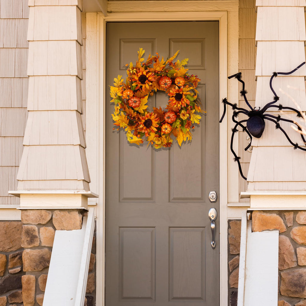 Fall Wreaths for Front Door 22 Inch, Autumn Wreath with Berry Pumpkin, Maple Leaves, Thanksgiving Harvest Festival