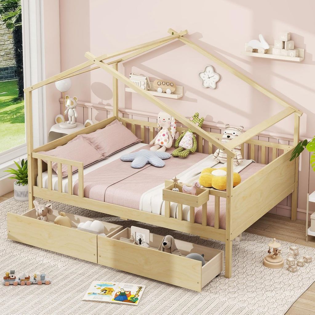 Full House Bed with Drawers, Wooden Full Size Bed Frame with Cube Storage & Fence Rails, Montessori Beds for Kids