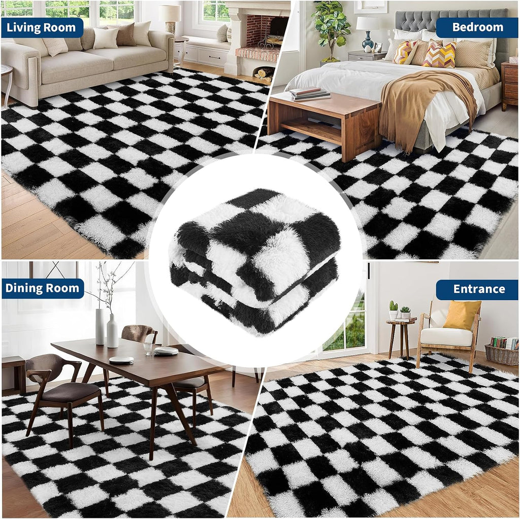 Checkered Area Rug 9x12 Large Rug Thick Super Soft Shaggy Rugs Fluffy Carpet Fluffy Fuzzy Shag Washable Rugs Nursery