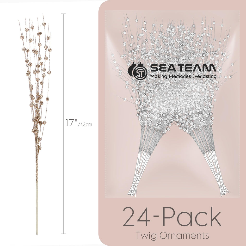 Glitter Berry Picks, Artificial Berry Stems, 24-Pack, Rose Gold