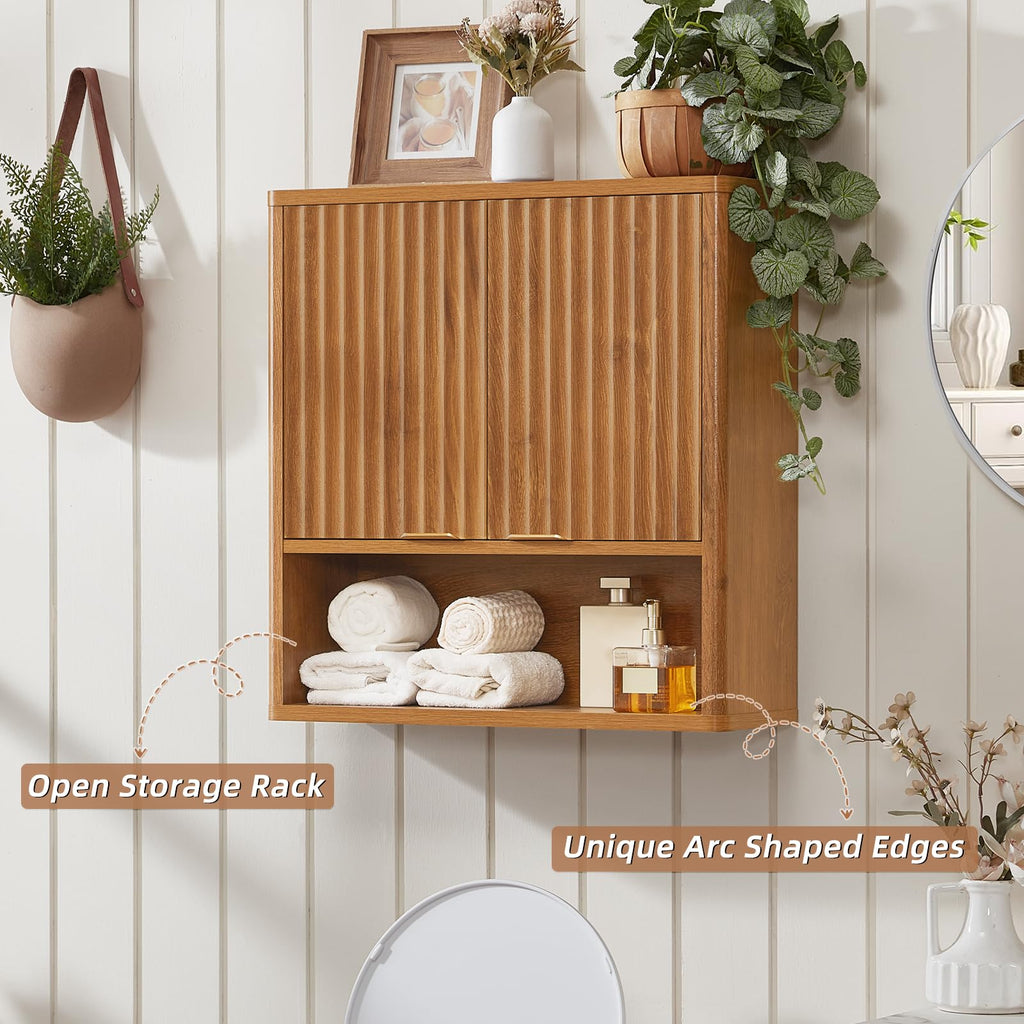 Retro Fluted Bathroom Wall Cabinet, Wall-Mounted Medicine Cabinet