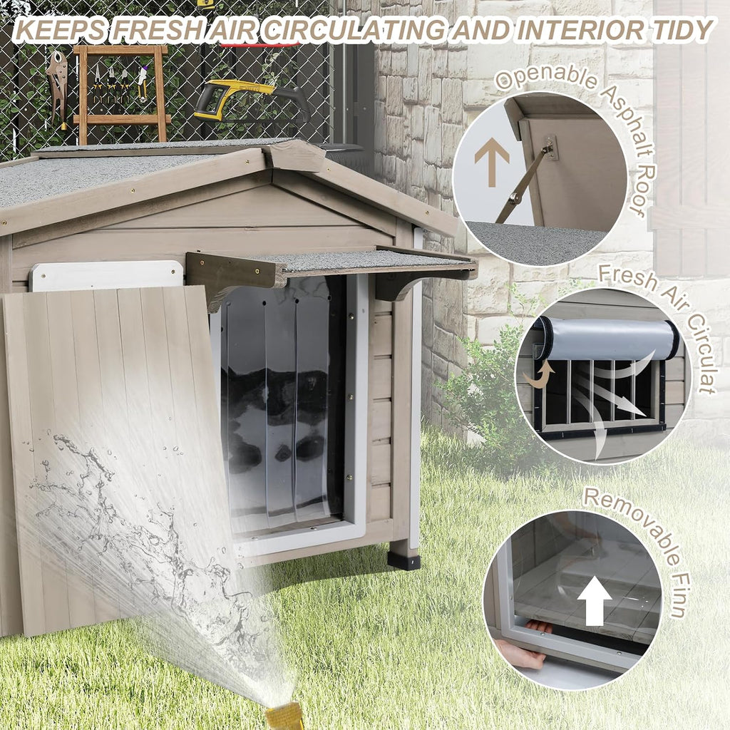 Outdoor Dog House with Chew-Proof Iron Frame, Wooden Dog Kennel Weatherproof, Removable Floor, Adjustable Vent Window