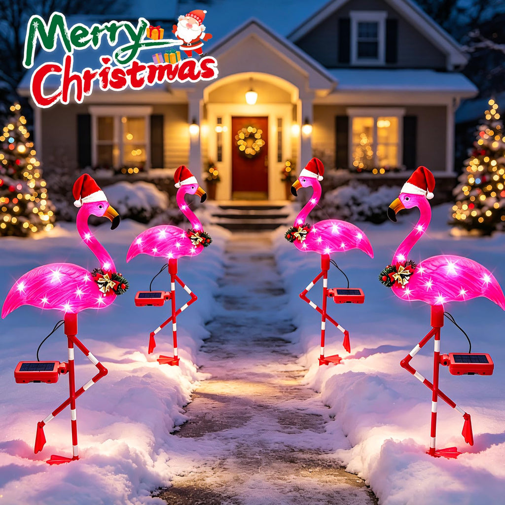 Solar Christmas Decorations, 4 Pack Solar Pink Flamingos Lights for Outdoor Yard