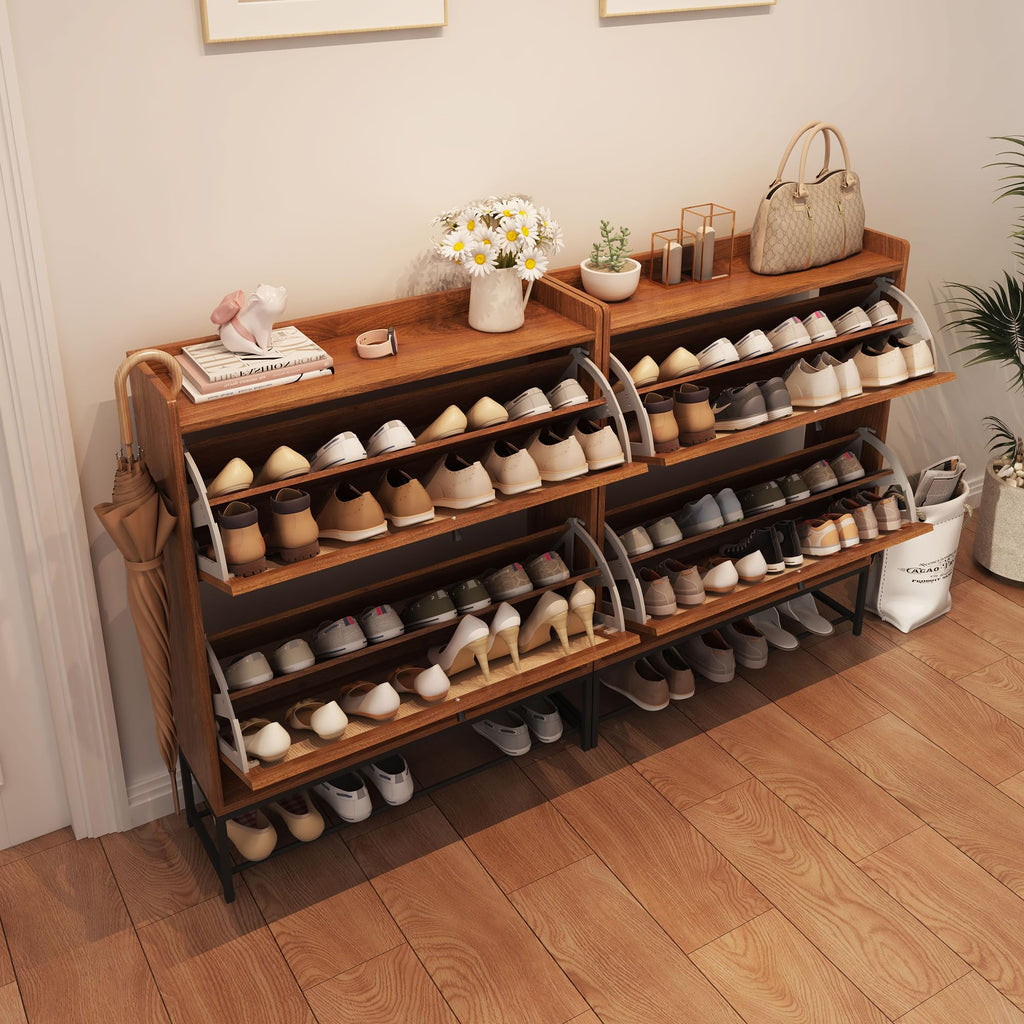 Narrow Shoe Storage Cabinet with 2 Flip Drawers, Walnut