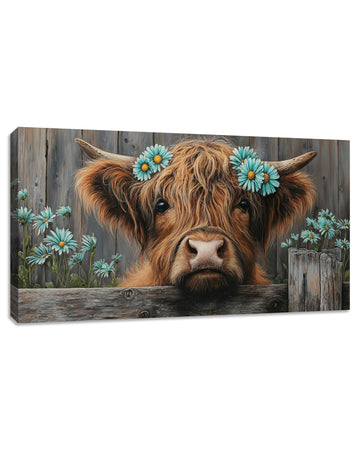 Highland Cow Canvas Wall Art, Wildflowers Cow Poster(40x20 Inch)