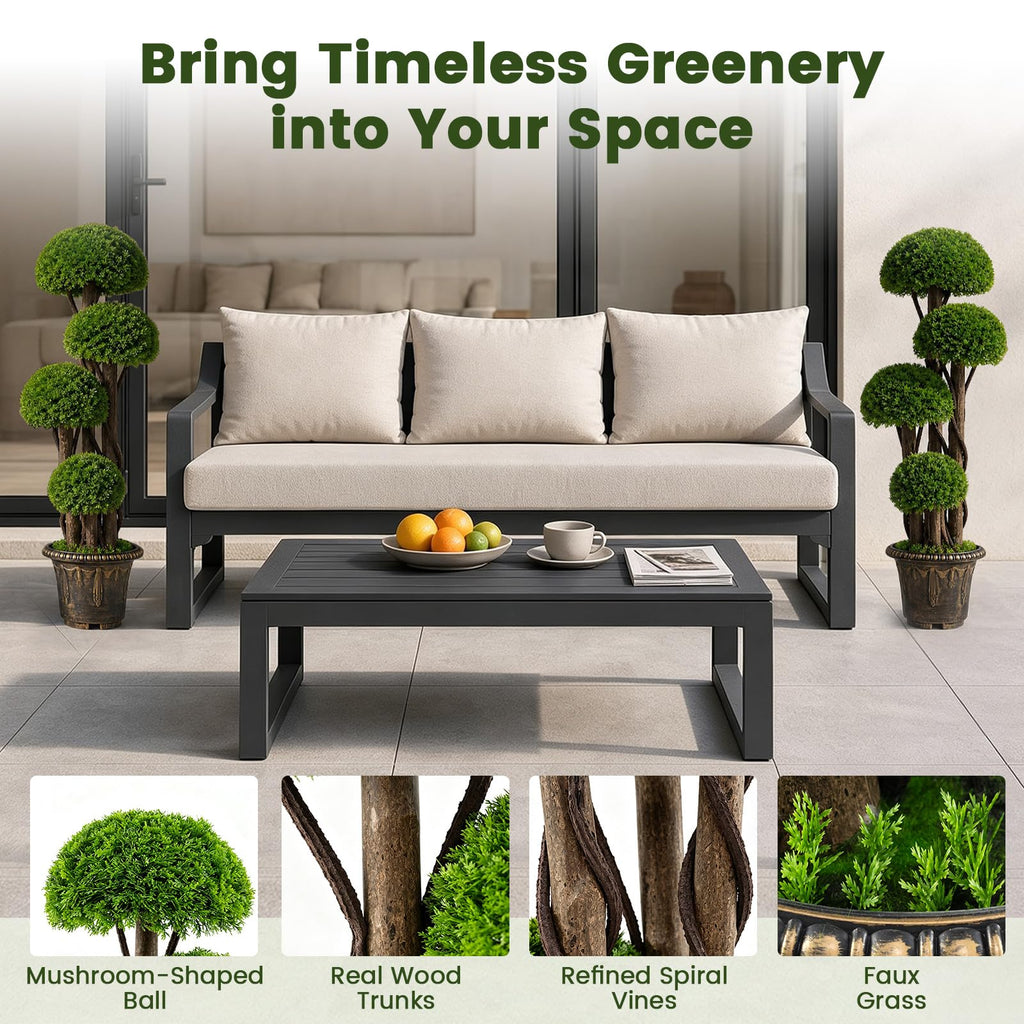 3FT Artificial Cypress Topiary Ball Tree, Indoor Outdoor Fake Boxwood Tree with Rattan Trunk, Cement Filled Pot