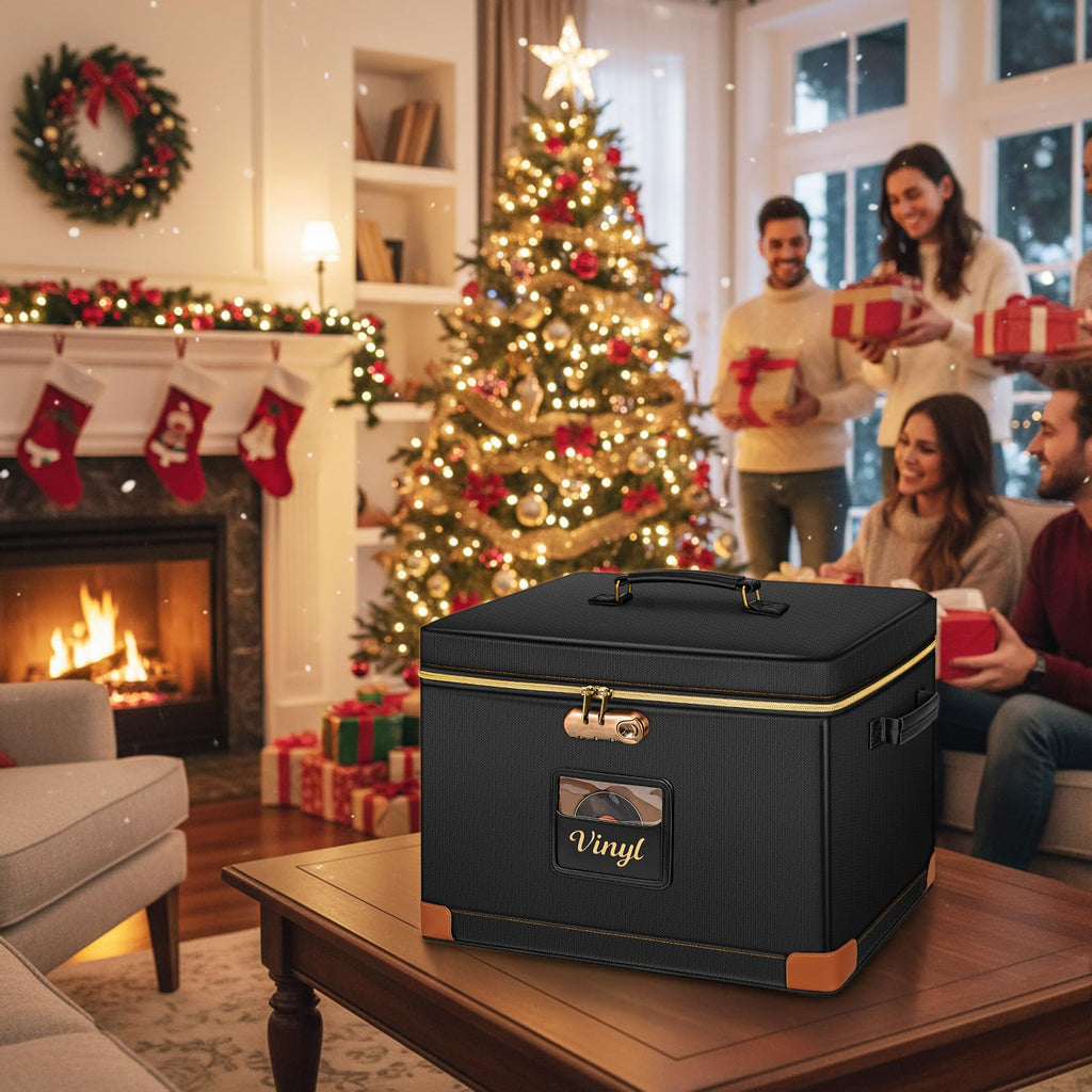 Vinyl Record Storage Box with Lock, Fireproof & Water-Resistant