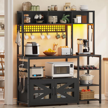 47.2 Inch Bakers Rack with Power Outlet, Microwave Stand with Storage, Farmhouse Coffee Bar Cabinet Station with Wine