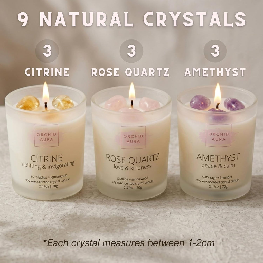 Soy Candles with Healing Crystals. Citrine, Rose Quartz, Amethyst Crystal. - Set of 3