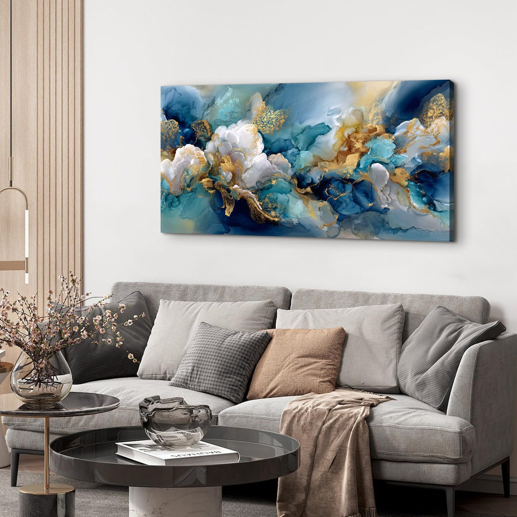 Teal Wall Art Turquoise Abstract Wall Decor Blue and Gold Canvas Pictures Modern Marble Ink Textured Painting Poster