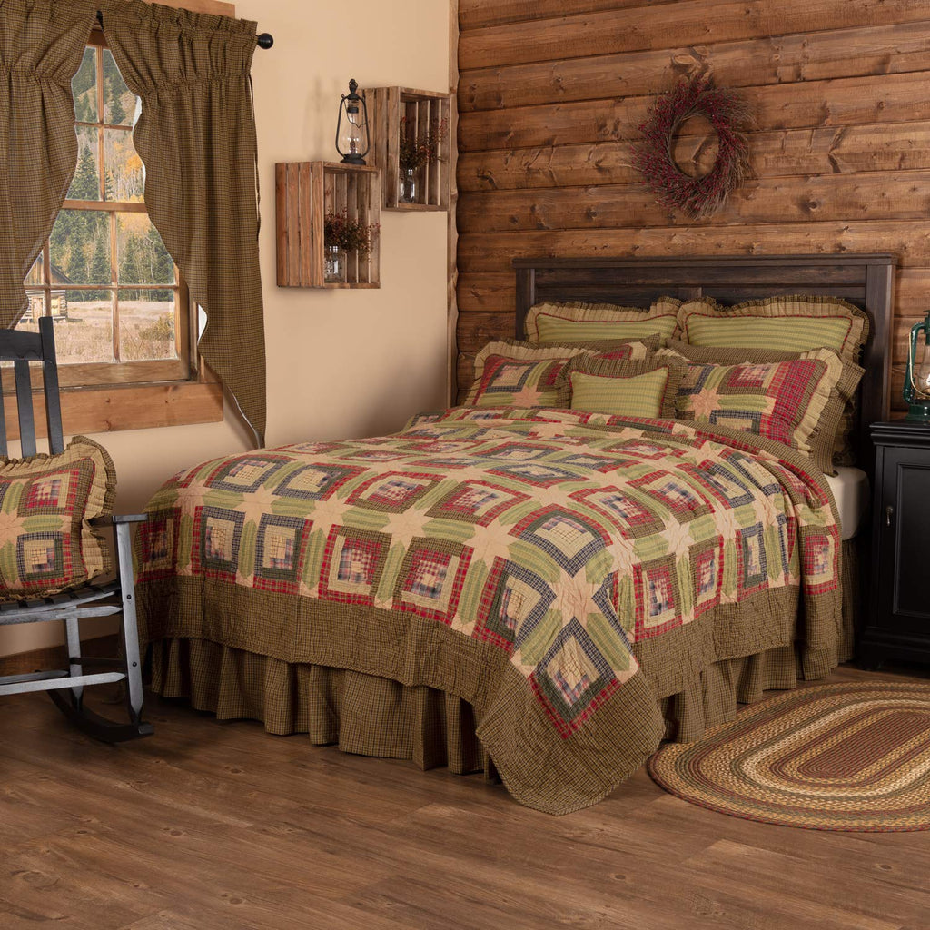 Tea Cabin Quilt 70Wx90L Log Cabin Country Rustic Lodge Design, Moss Green and Deep Red