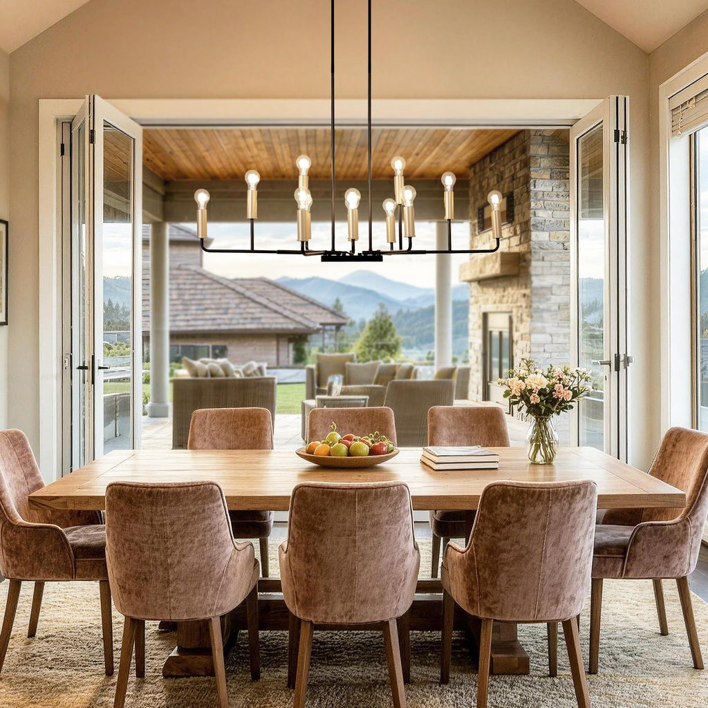 48" Large Black and Gold Chandelier, Modern 12-Light Linear Chandeliers Dining Room Light Fixtures Industrial Kitchen