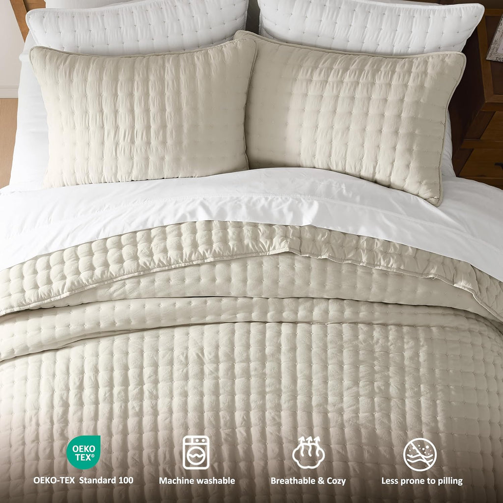 Beige Queen Quilts Bedding Sets with 2 Pillow Shams, Neutral Lightweight Soft Bedspread Coverlet, Quilted Blanket