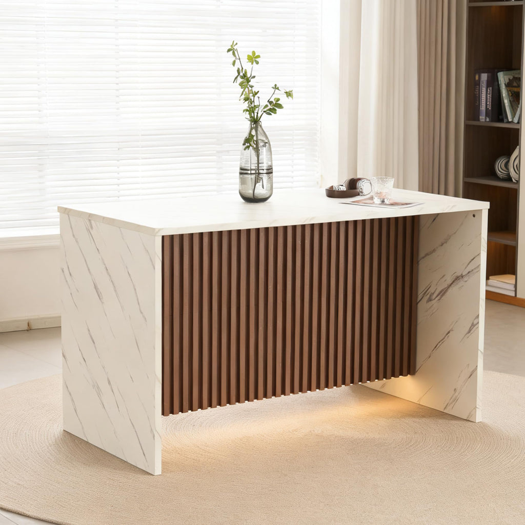 59 Inch Large Imitation Marble Dining Table for 4-6 People, Mordern Marble Stripes Kitchen Dining Table with Grille